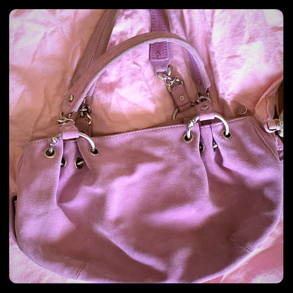 Suede lavender juicy tote with silver hardware
